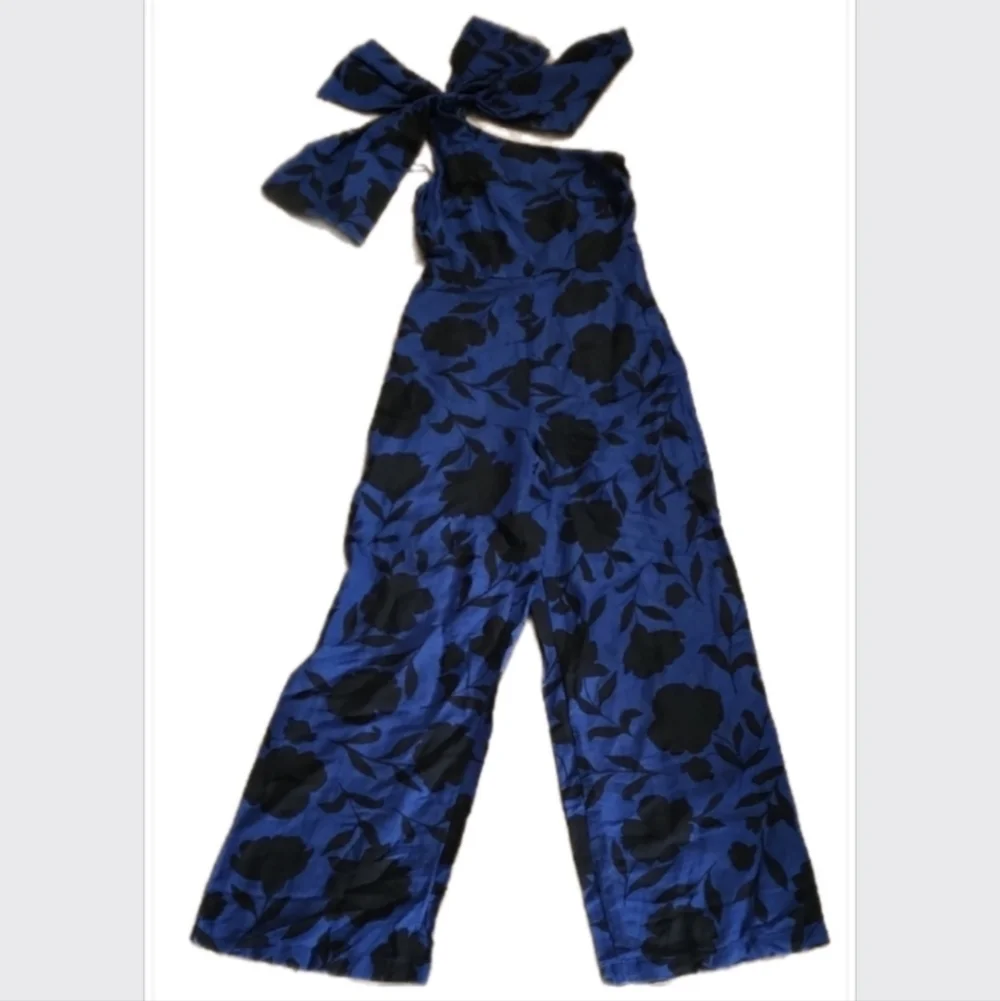 Kate Spade x Target Blue Black Floral Linen Blend One Shoulder Jumpsuit Palazzo